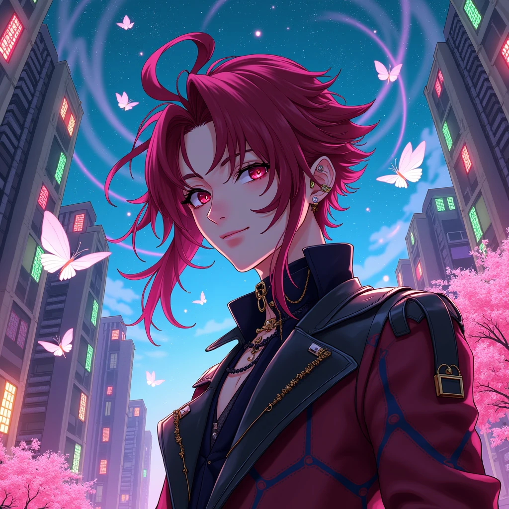 Close-up of upper body.Anime,manga.Night, space,galaxy, beautiful,blur,neon pink,neon green,neon blue,
Precisely detailed.
All AI technology at its best.
Top quality.
long wine-red hair,
Beautiful handsome manly man.
Visual kei, prince costume, leather jacket,accessories, fringe.
Trees,flowers.Big and small dragons, glowing butterflies,high rise apartment windows, Hong Kong electronic circuit city.
Fisheye lens.