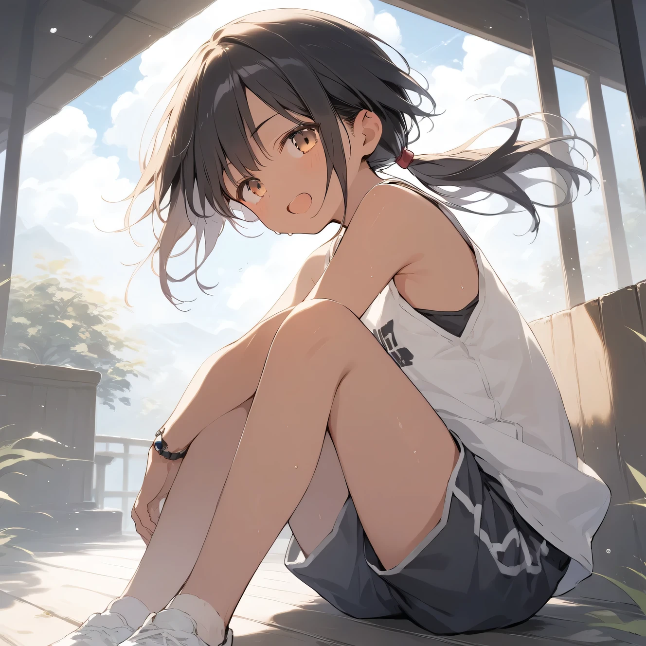 score_9, score_8_up, score_7_up, source_anime, best quality, masterpiece, official art, absurdres, highres, ultra-detailed,waifu2x,Collection: Slice of Life,break,1girl, tomboy, dark-skinned female, short hair, low ponytail, flat chest, beautiful detailed eyes, shorts, sweat, open mouth, (yawn:0.3), sleepily, outdoors, wind, break,(clear line illustration:1.2), super detailed skin,very high resolution, very aesthetic, Best sexual lighting powered by famous artist, 8k, 16k, cute picture,beauty illustration,photoshop_(medium),,(Detailed Lighting),best anime 8k konachan wallpaper, pixiv contest winner, 