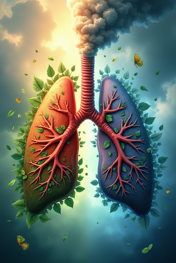 Generate a lungs, the right side lungs is healthy vibrant color surrounded with fresh air. On the left side make the lungs damage and pollution of elements and color in smoking. Add some symbols of no smoking in the left lungs. and add some clean air with leaves with a vibrant color in the right side lungs. And add more details about it.