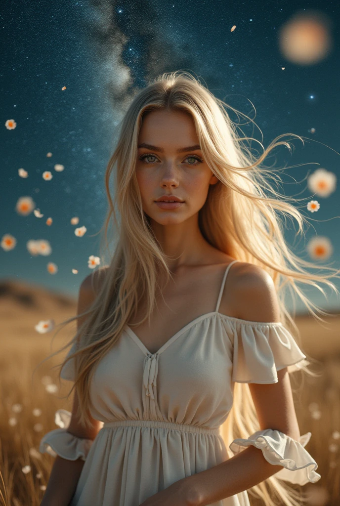 (Highest quality, masterpiece), One person, Pause, particle, Wind, flower, Upper Body, Simple Background, Looking at the audience, blonde, milky way, beautiful