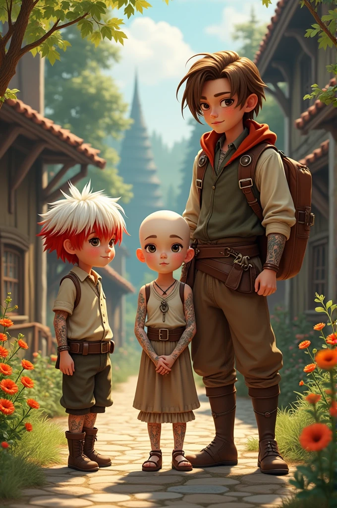Make a boy with medium white and red hair , and a pale, bald girl , and a tall boy with long brown hair, make it with brown villager clothes , in a village