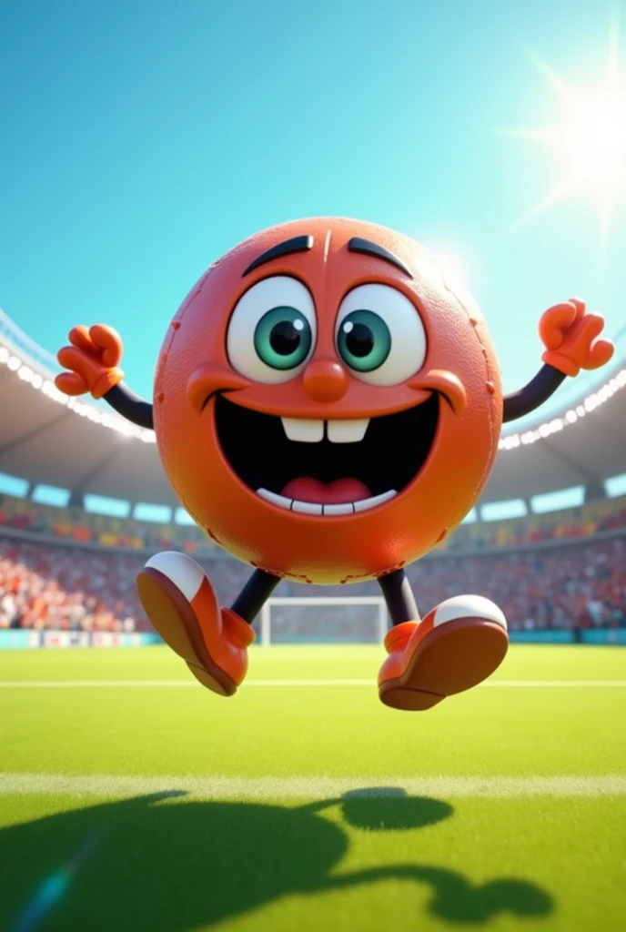 A football with arms and legs,with a face,with eyes and mouth,one caracter , smiling,happy