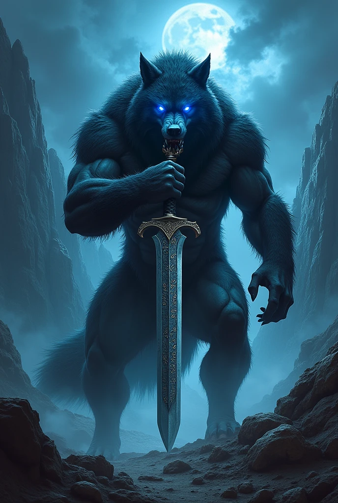 Fenrir, wolf from Norse mythology in a brutal pose with his eyes illuminated blue and holding a Norse sword in his mouth