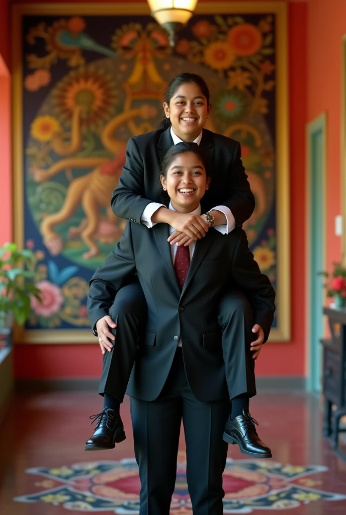 Create a realistic photograph of a smiling and beautiful indian college girl in black uniform suit carrying a obese man on her shoulder , in a exotic room, man is sitting on her shoulder, man on top, woman standing at bottom