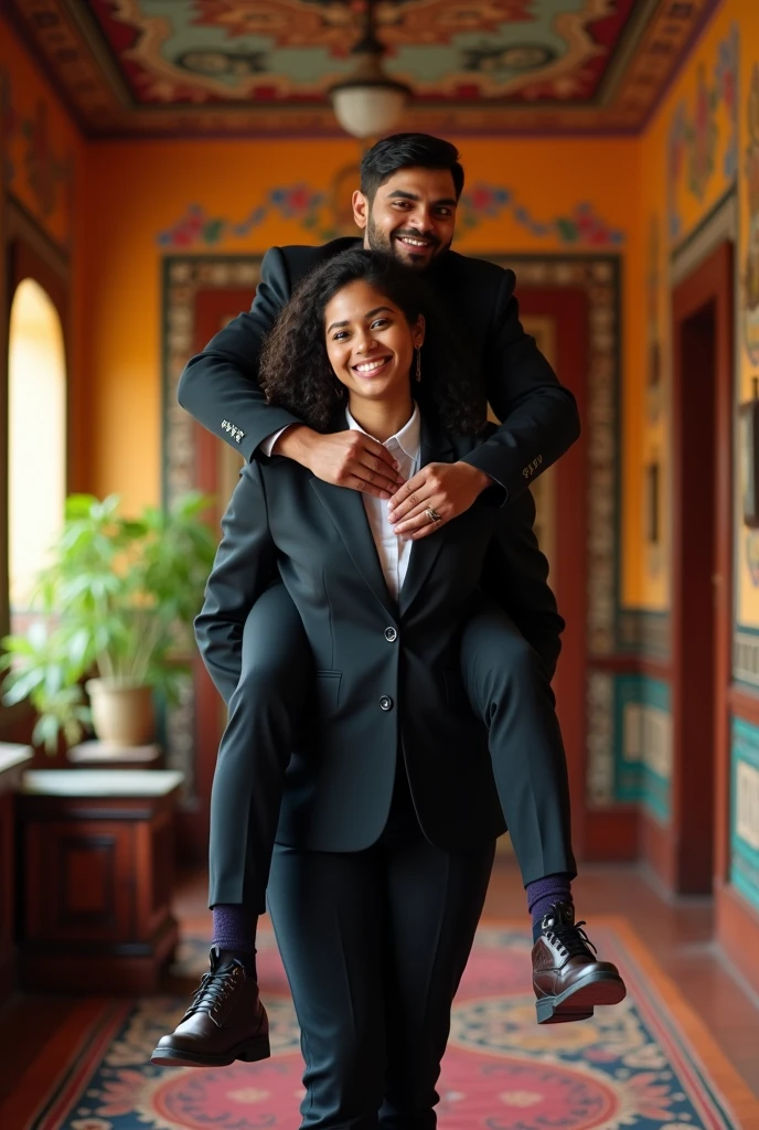 Create a realistic photograph of a smiling and beautiful indian college girl in black uniform suit carrying a obese man on her shoulder , in a exotic room, man is sitting on her shoulder, man on top, woman standing at bottom