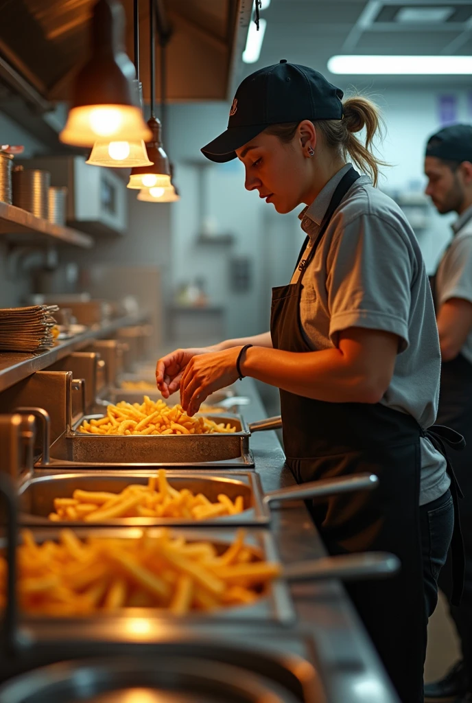 (photorealism:1.2) Person with no arms, in a fast food job, in the kitchen area, has no arms and is at the industrial french fry fryer, They are not in a wheelchair.