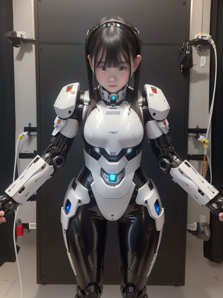 masterpiece, Highest quality, Very detailed, Japaese アンDroid girl,Portraiture,Plump,Thick,Control panel,アンDroid,Droid,Mechanical Hand, robotの腕と脚, Black Hair,Blunt bangs,perfect robot girl,Long tube,A thick cable was attached to her neck.,アンDroid,robot,humanoid,cyborg,japanese cyborg girl ,robot-assembly plant,She is now assembling,Assembly scene,Chubby,