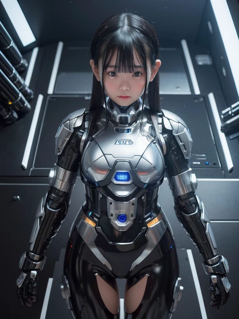 masterpiece, Highest quality, Very detailed, Japaese アンDroid girl,Portraiture,Plump,Thick,Control panel,アンDroid,Droid,Mechanical Hand, robotの腕と脚, Black Hair,Blunt bangs,perfect robot girl,Long tube,A thick cable was attached to her neck.,アンDroid,robot,humanoid,cyborg,japanese cyborg girl ,robot-assembly plant,She is now assembling,Assembly scene,Chubby,