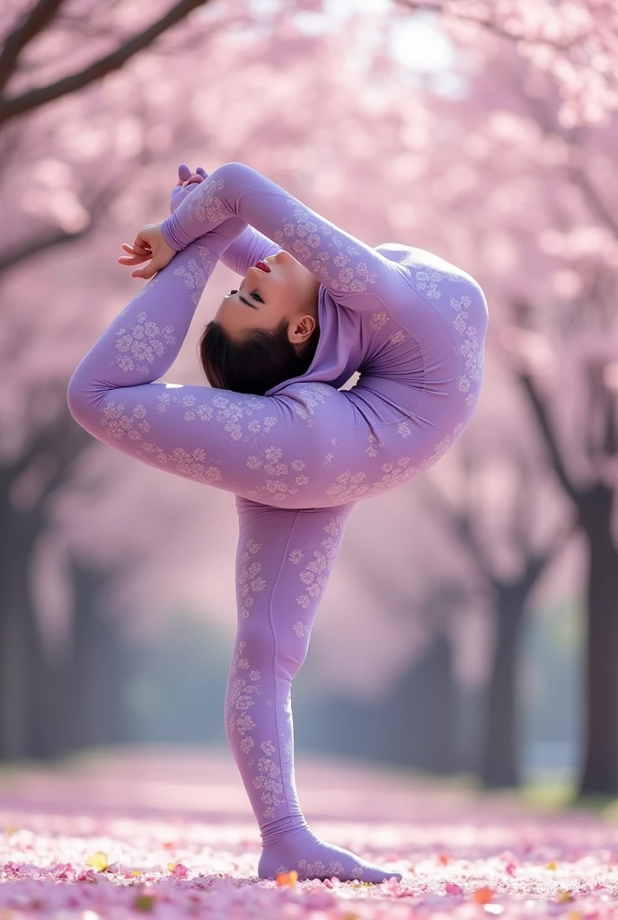 The beautiful asian adult girl contortionist with beautiful cheeks wears light purple floral print lycra turtleneck zentai catsuit covered with patterns with gloves and lycra elastane dancewear hood that is closed.She is happy for contortion