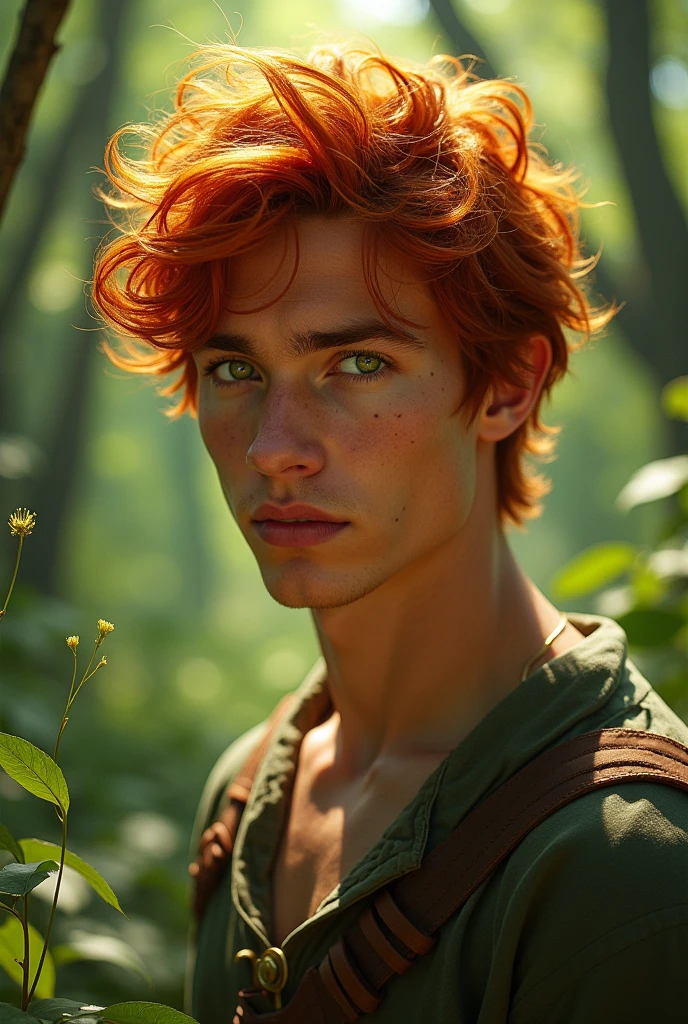 Young red-haired boy with emerald green eyes, very long hair, feminine face with small scars, skin tanned. Around 25 years old