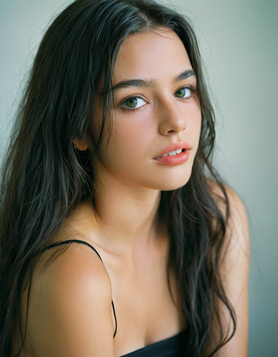photoshoot, photo studio, RAW photo, editorial photograph, film stock photograph, cinematic, posing, amateur photo, face portrait, analog, raw, f2, 35mm, an (amateur photo), flash photography, taken on an old camera, polaroid, 8k, highly detailed, (high quality, best quality:1.3), Extremely high-resolution, film grain, very long hair, picture of a beautiful young woman, NOT dasha_taran, Nina Fortiner, sfw, ((natural black hair)), long (waist-length:1.2) combed black hair, ((macro lens)), natural, green hazel eyes, eyes have a little bit of brown surrounding pupils, (realistic perfect human eyes), serious expression, ultradetailed realistic eyes, feminine expressions, photography, dslr, 35mm, Fujifilm Superia Premium 400, Nikon D850 film stock photograph, Kodak Portra 400 f1.6 lens, 8k, UHD, european woman, a bit latin american facial features, realistic skin, skin pores, (whole head, do not crop head), whole head is visible, detailed background, midwest facial features, from side, expresionless, perfect teeth, face a bit elongated, mouth closed