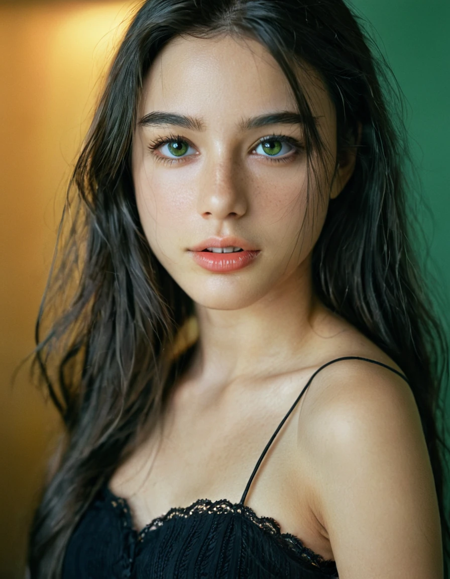 photoshoot, photo studio, RAW photo, editorial photograph, film stock photograph, cinematic, posing, amateur photo, face portrait, analog, raw, f2, 35mm, an (amateur photo), flash photography, taken on an old camera, polaroid, 8k, highly detailed, (high quality, best quality:1.3), Extremely high-resolution, film grain, very long hair, picture of a beautiful young woman, NOT dasha_taran, Nina Fortiner, sfw, ((natural black hair)), long (waist-length:1.2) combed black hair, ((macro lens)), natural, green hazel eyes, eyes have a little bit of brown surrounding pupils, (realistic perfect human eyes), serious expression, ultradetailed realistic eyes, feminine expressions, photography, dslr, 35mm, Fujifilm Superia Premium 400, Nikon D850 film stock photograph, Kodak Portra 400 f1.6 lens, 8k, UHD, european woman, a bit latin american facial features, realistic skin, skin pores, (whole head, do not crop head), whole head is visible, detailed background, midwest facial features, from side, expresionless, perfect teeth, face a bit elongated, mouth closed