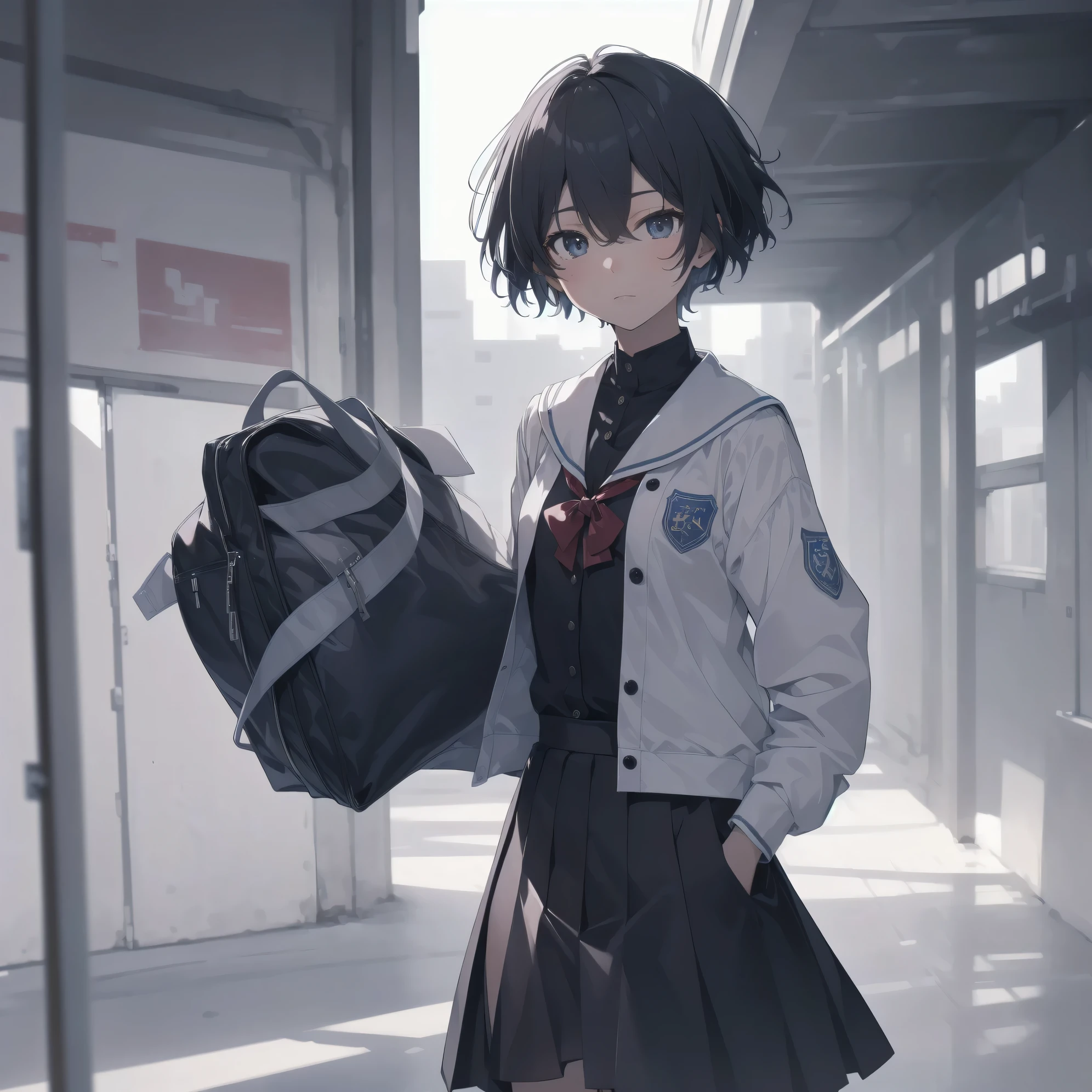 ultra-absurdres-Top quality by artist God, ultra-detailed, high resolution, anime moe artstyle, best anime 8k konachan wallpaper, pixiv contest winner, pool:2810, perfect anatomy,break, 1girl, (Please draw a girl walking sleepily to school alone. )break,(Solo,little female, 13-year-old:1.3),Full limbs, complete fingers,a junior high school student, (very short hair), short cut, flat chest, , small butt, small black eyes, beautiful detailed eyes, well-proportioned iris and pupils, expressive eyes, highres detailed hair, soft expression, salor school_uniform, sailor collar, serahuku, bow, pleated skirt,(Detailed Lighting), (Detailed background), in the School commute route. break,super detailed skin, Best cinematic lighting powered by famous artist, 8k,beauty illustration,photoshop_(medium),very aesthetic,break,((artist:izumi_tsubasu )), artist:clamp ,artist:carnelian ,artist:kantoku ,