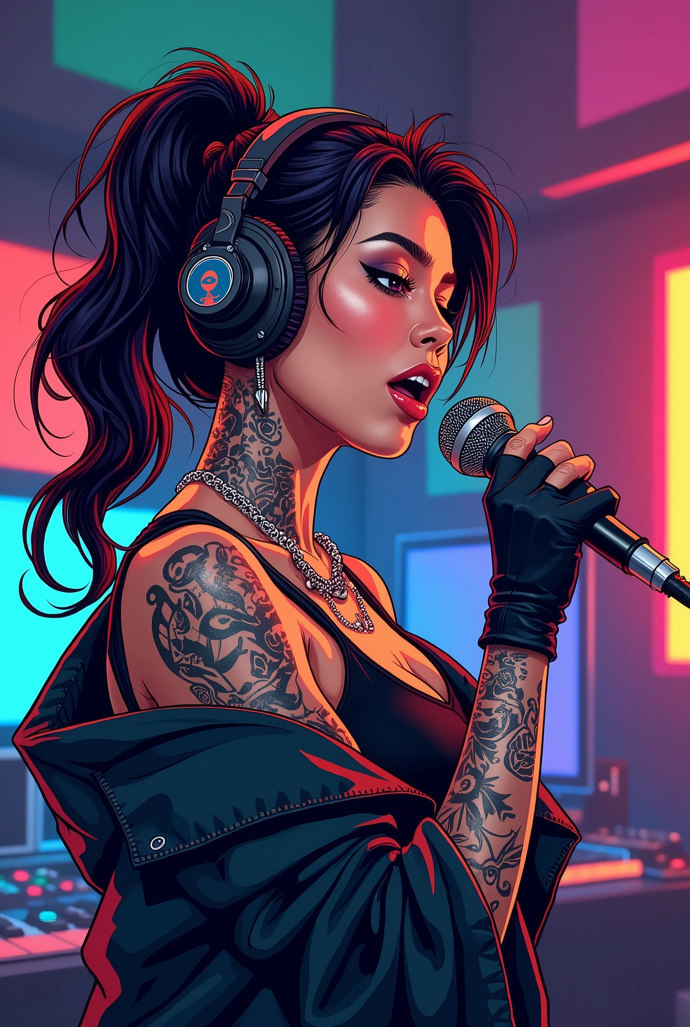 upper body, female dj, colorful clothes , quirky, vibrant appearance, playful accessories, creative behavior, imaginative, sensual, spontaneous, dj headphones, mixing console, music club, night club, indie theaters, people dancing on the dance floor background, underground danceclub, highest quality, skin texture, intricate details, (cinematic lighting), RAW photo, 8k