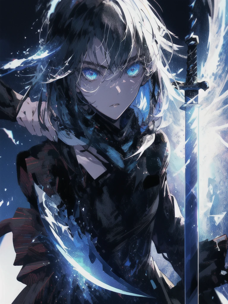 Holding a one-handed sword、Please take the black sword.、((masterpiece, highest quality, Super detailed, High resolution)), alone, beautiful girl, shining eyes, perfect eyes, 15 years old, black white gold theme,