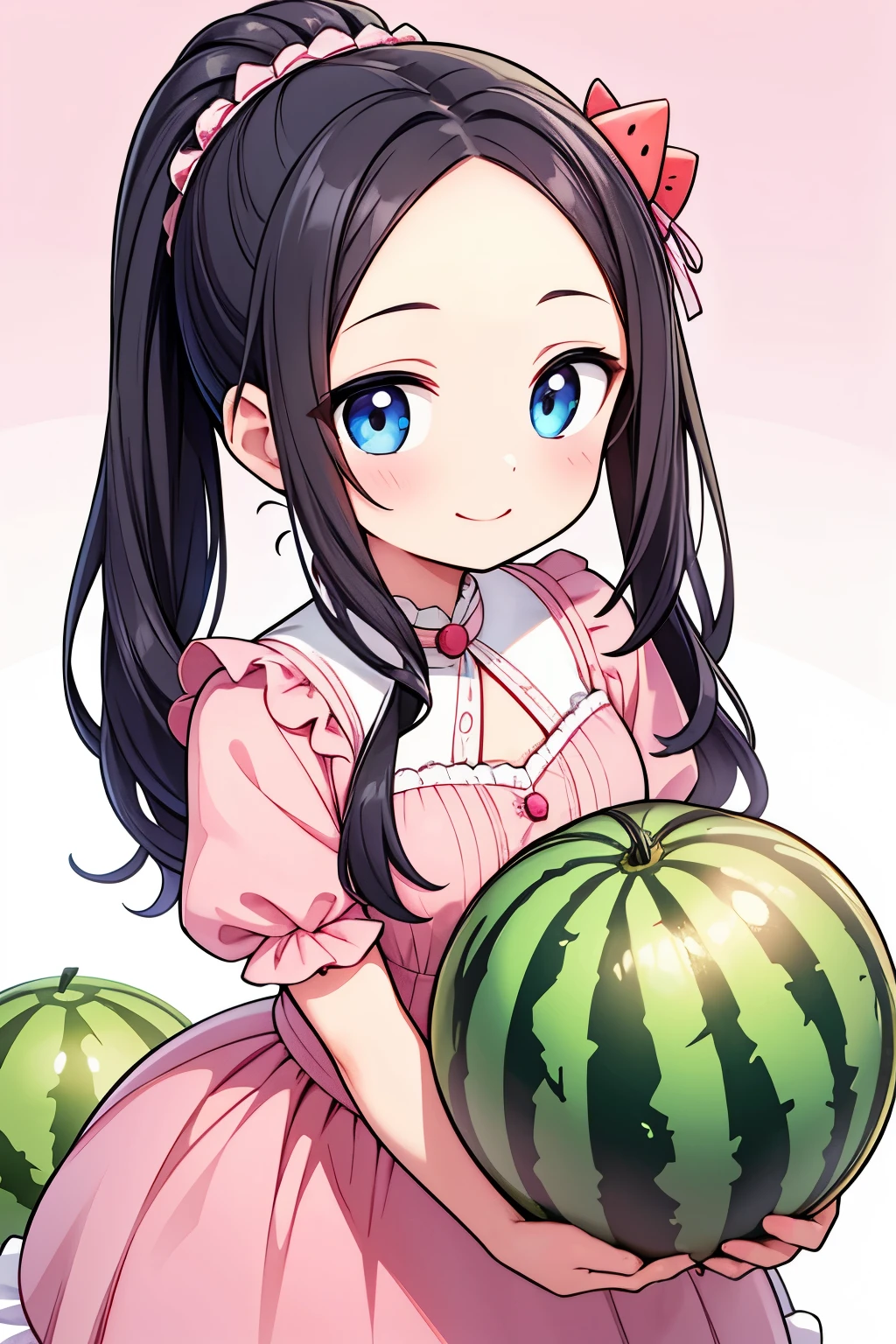 Photorealistic、(whole body、smile、hairpin、A hairstyle that reveals a large forehead、A hairstyle parted in the middle)、I have a watermelon slice cushion.