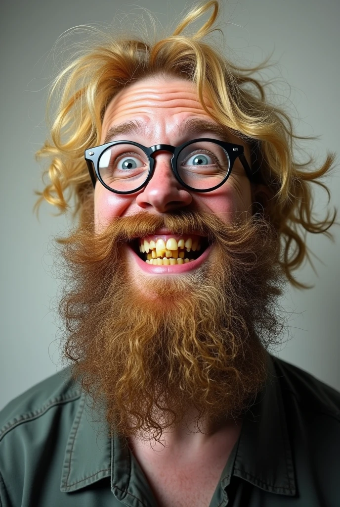 "Create a detailed avatar of a geeky man with long, messy blonde hair and an unkempt, scruffy beard. His nickname is 'El Barbas.' His face shows yellowed, crooked teeth with noticeable gaps, emphasizing his poor dental hygiene. His appearance is very dirty and disheveled, giving off a strong sense of being unhygienic and possibly malodorous. He has a wide, almost chaotic grin, sometimes referred to as a 'trayao' smile. His blue eyes have a vacant, slightly unfocused gaze, adding an autistic spectrum vibe to his expression. He wears round, somewhat crooked glasses that sit unevenly on his nose. His clothing is wrinkled, stained, and generally unkempt, reinforcing his overall lack of cleanliness. The background should be simple and neutral to emphasize the character's features and quirky personality."
