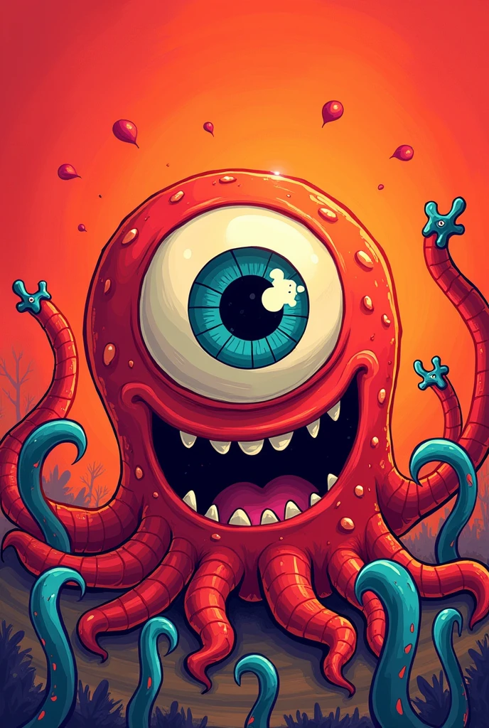 Cartoon style with a red background, a central eye and small cartoon tentacles.
