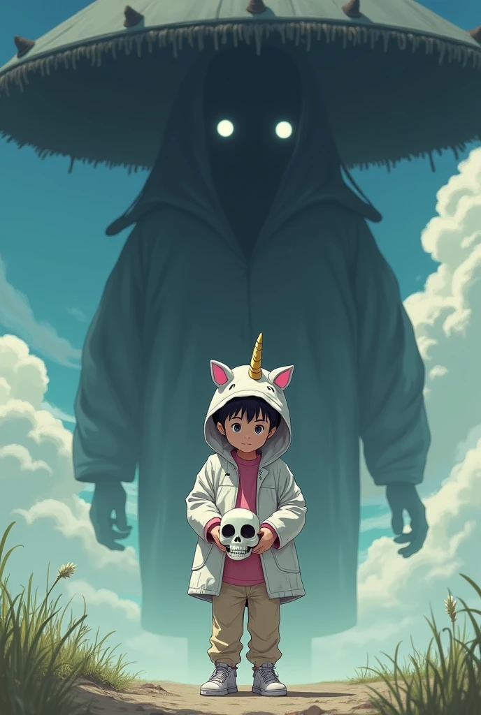 A very small boy wearing a raincoat and he has a tiny backpack on his back. He's wearing a white raincoat with unicorn details, a pink shirt, beige pants, and doll shoes. He's holding a skull mask in his hands. His father is so small that the place he's in is completely bigger than him. And on top of the roof, you can see someone watching him with white eyes. This image has to be in anime.