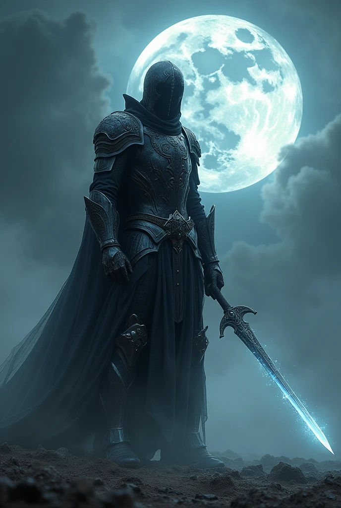 (photorealism:1.2), phantomVoid knight ,change the helmet make it darker,and has a aura sword