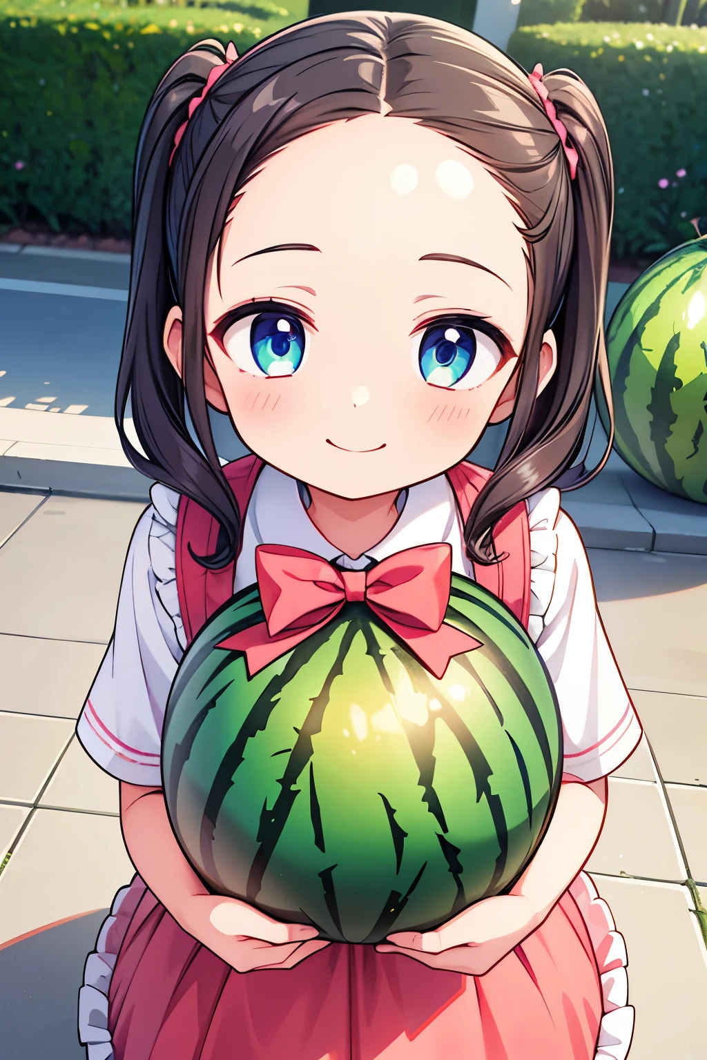 Photorealistic、（whole body、smile、hairpin、A hairstyle that reveals a large forehead、A hairstyle parted in the middle）、I have a watermelon slice cushion.