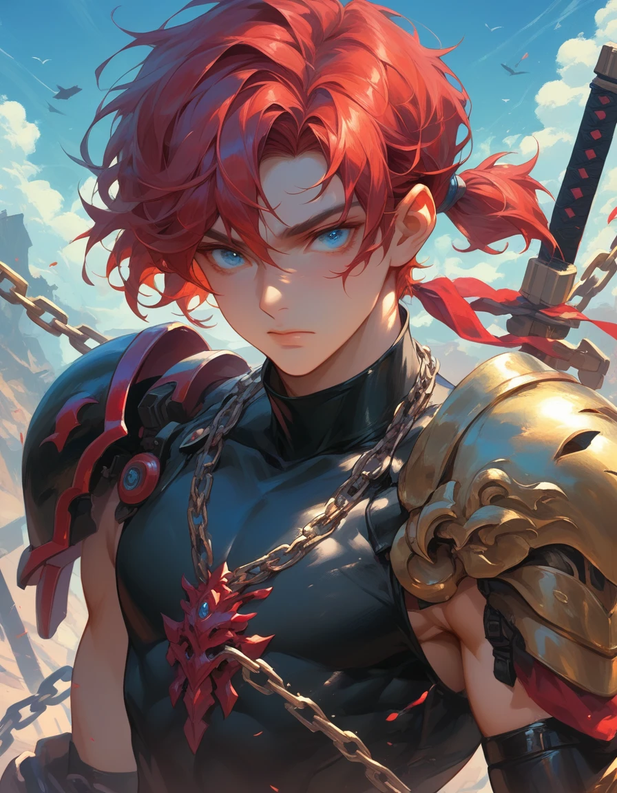 A young man with fluffy, shoulder-length red hair, the top of which is tied into a short ponytail. Beautiful face, blue eyes. Mechanical arm, he is on the battlefield, clothes are black with elements of leather, chain mail and armor. Slightly mature face.