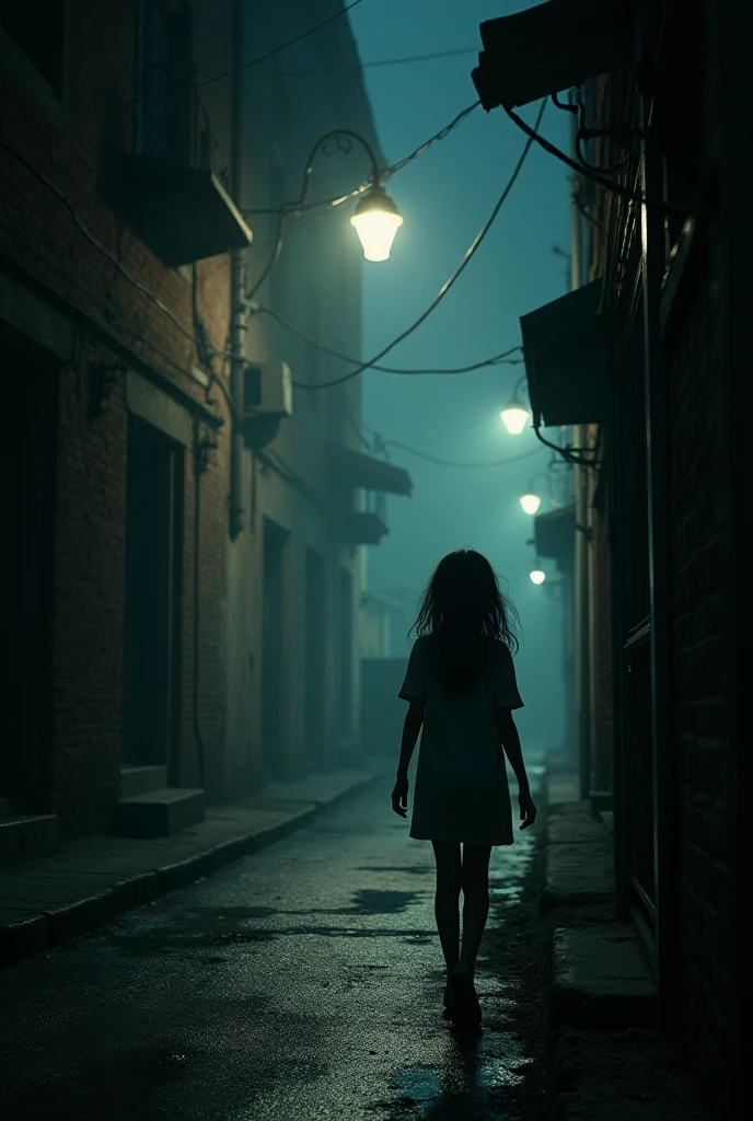 Create a drawing based on the following text that generates fear in the viewer: “Rosa was a simple girl from home. He turned fifteen when he began to realize that every time he looked back, Someone was hiding quickly in the alleys.”