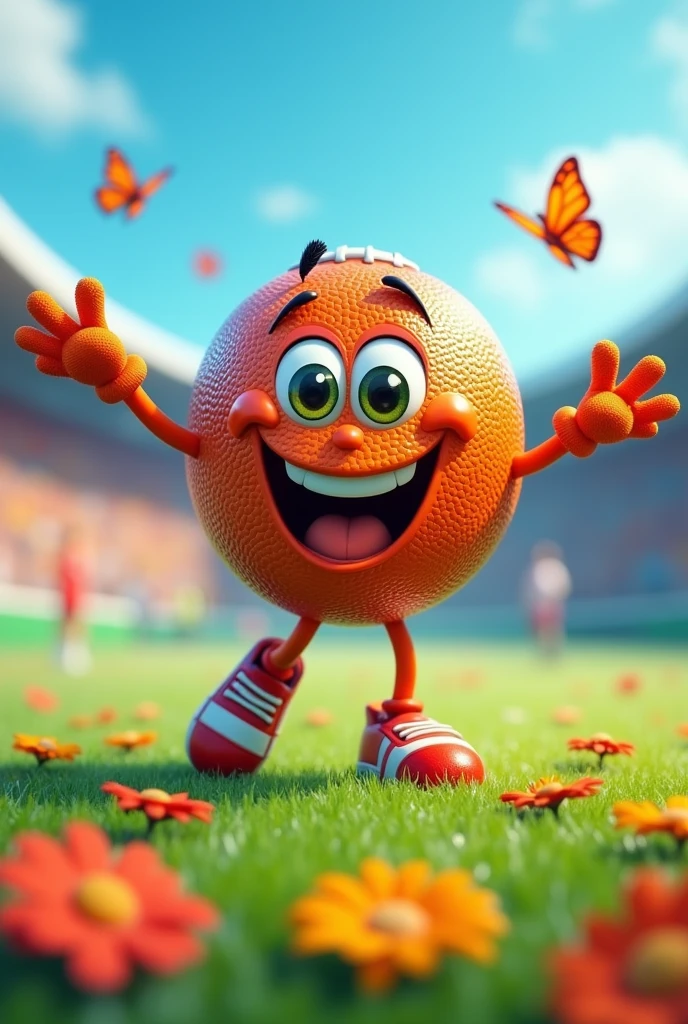 A football with arms and legs,with a face,with eyes and mouth,one caracter , smiling,happy