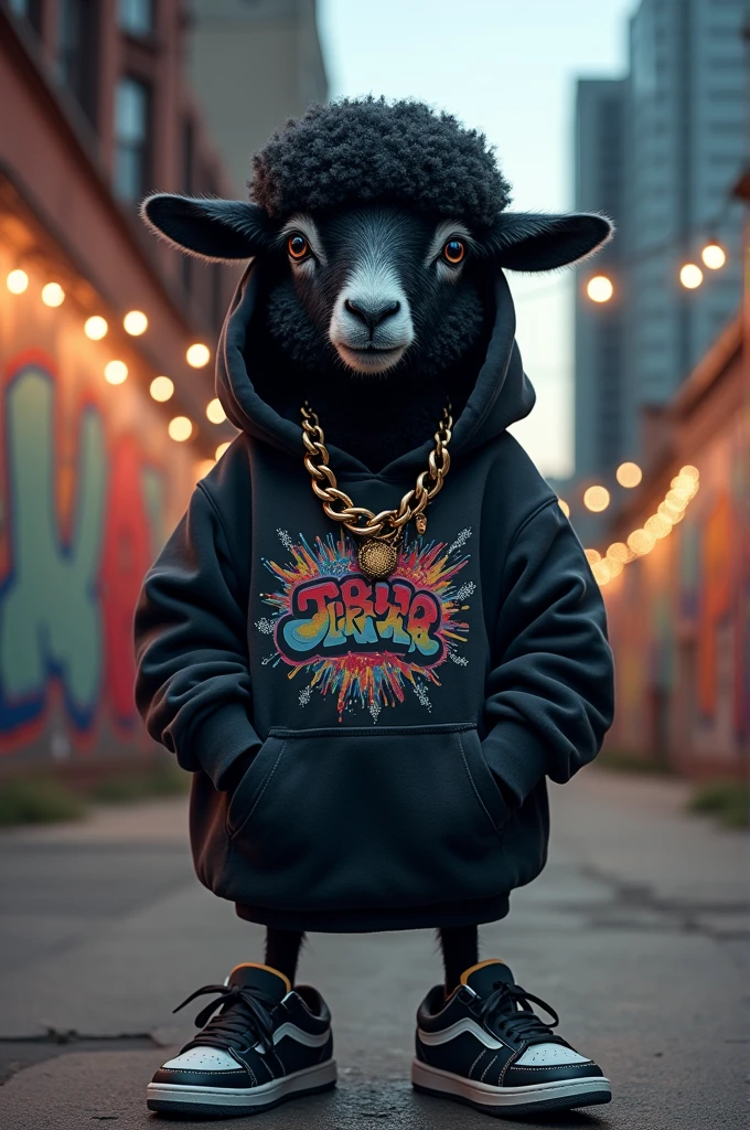 Black sheep animal with gangster Rapper look. Hooded Sweatshirt