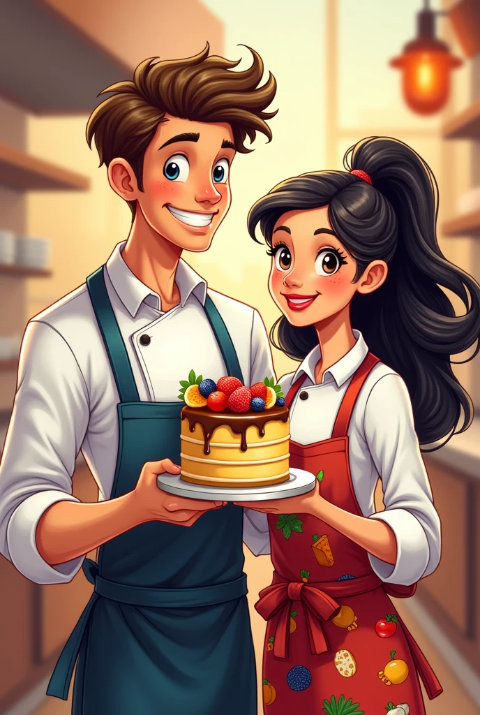 Logo of a young couple, a male and female chef, holding a cake and a skewer, for a fast food restaurant named Sweet Moments