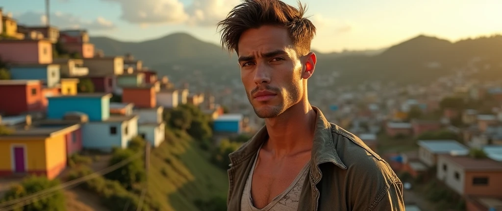 Man, beautiful, attractive face, hazel eyes, perfect jaw and chin, muscular, defined, attractive body , jacket with a dirty, filthy, ripped shirt print , rebellious brown hair, sun-burnt , in the Brazilian favela , with houses from Brazil  , He is facing away, looking at the landscape of the hill. 