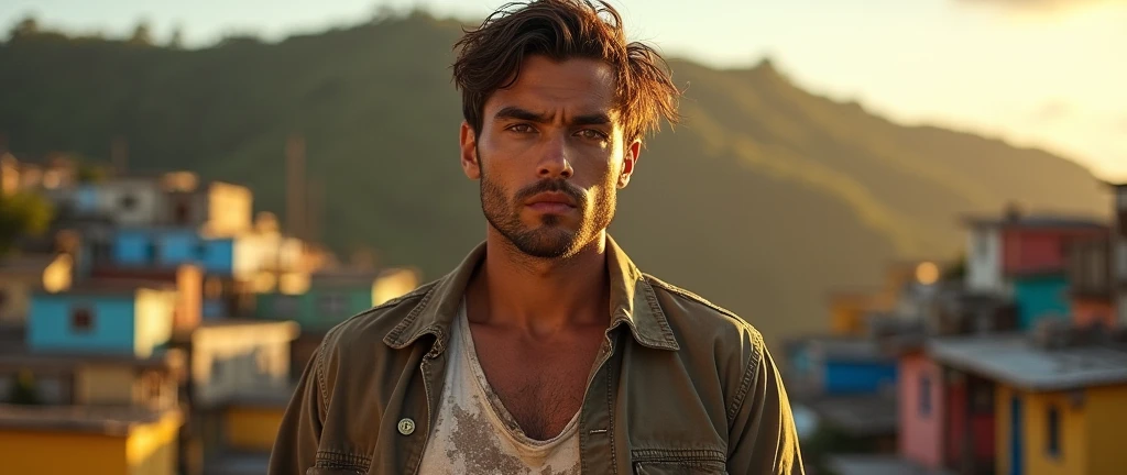 Man, beautiful, attractive face, hazel eyes, perfect jaw and chin, muscular, defined, attractive body , jacket with a dirty, filthy, ripped shirt print , rebellious brown hair, sun-burnt , in the Brazilian favela , with houses from Brazil  , He is facing away, looking at the landscape of the hill. 