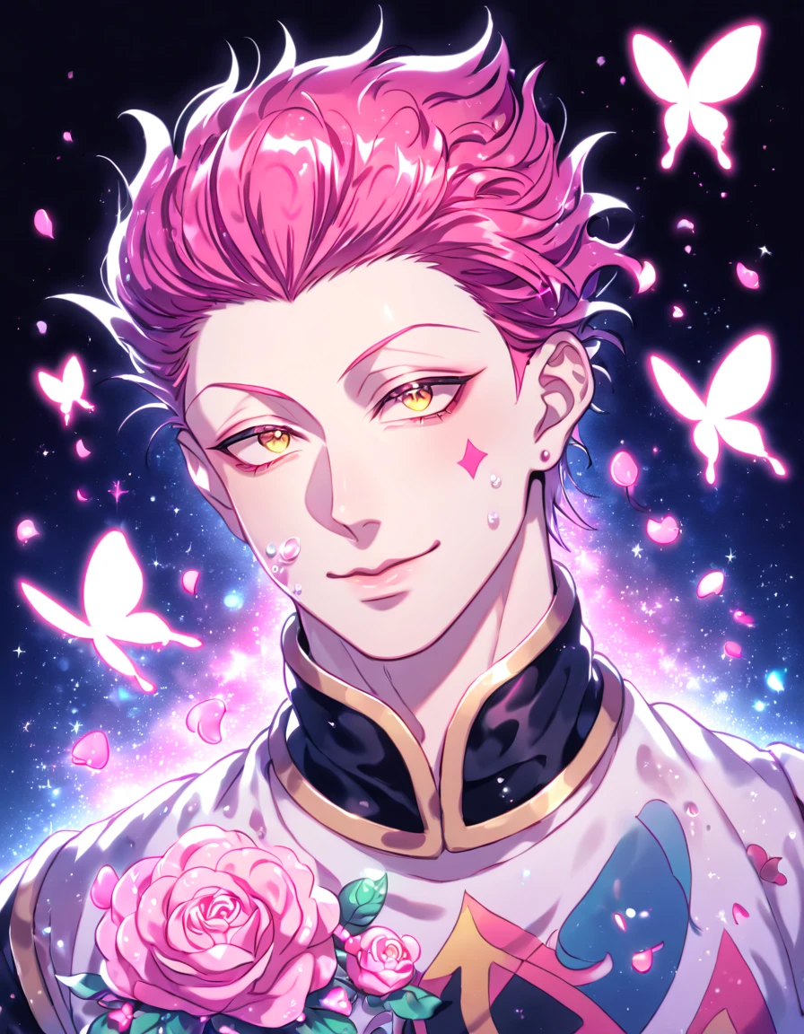 absurdres, highres, ultra detailed, HDR, master piece, Hisoka Morou, red fuchsia hair, slicked back, expressive yellow eyes, white cropped shirt with patterns, Hunter X Hunter, fantasy, glittering pink butterflies, petals, magical, handsome, sexy man, solo, very detailed eyes and face, glittering, pink flowers, a star mark on his left cheek, a water droplet on his right cheek, manly man, sensual, horny, handsome smile, crystal light, pink shining fireflies, pink fire