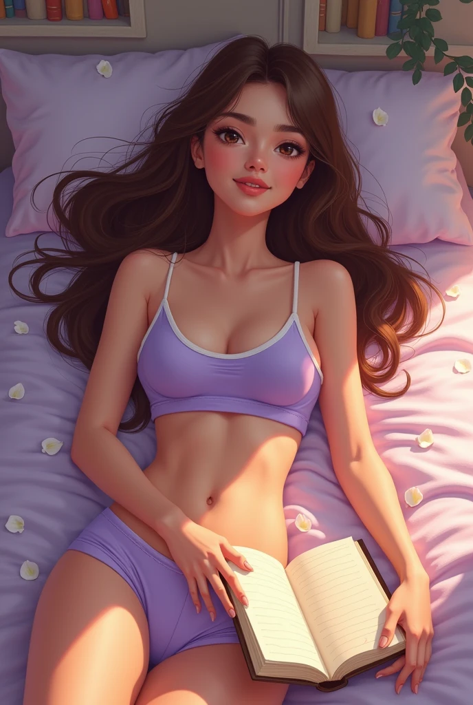 Make a 2d style drawing of a white American woman with long brown hair and fairly big breasts. She is wearing a very small, and tight lavender and white cropped tank top with a scoop neckline and some small and short lavender and white shorts. She is lying on a bed and has a diary resting on her boobs. She is very beautiful and young and around 18 years old. She is in a seductive pose