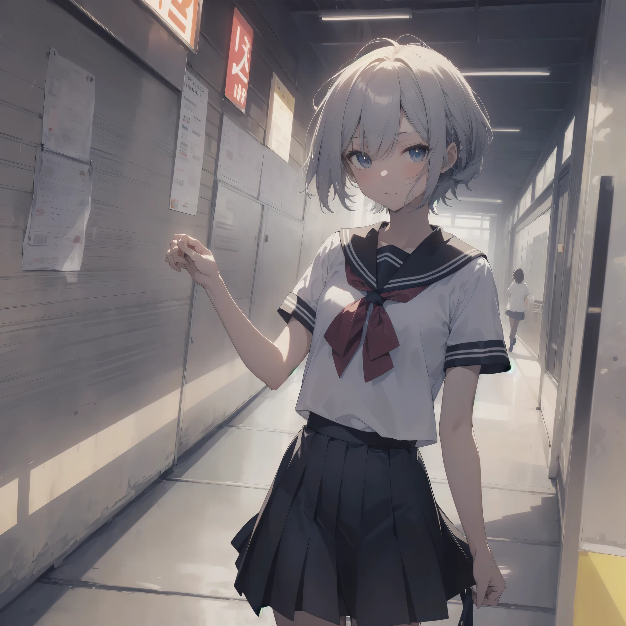 ultra-absurdres-Top quality by artist God, ultra-detailed, high resolution, anime moe artstyle, best anime 8k konachan wallpaper, pixiv contest winner, pool:2810, perfect anatomy,break, 1girl, (Please draw a girl walking sleepily to school alone. )break,(Solo,little female, 13-year-old:1.3),Full limbs, complete fingers,a junior high school student, (very short hair), short cut, flat chest, , small butt, small black eyes, beautiful detailed eyes, well-proportioned iris and pupils, expressive eyes, highres detailed hair, soft expression, salor school_uniform, sailor collar, serahuku, bow, pleated skirt,(Detailed Lighting), (Detailed background), in the School commute route. break,super detailed skin, Best cinematic lighting powered by famous artist, 8k,beauty illustration,photoshop_(medium),very aesthetic,break,((artist:izumi_tsubasu )), artist:clamp ,artist:carnelian ,artist:kantoku ,