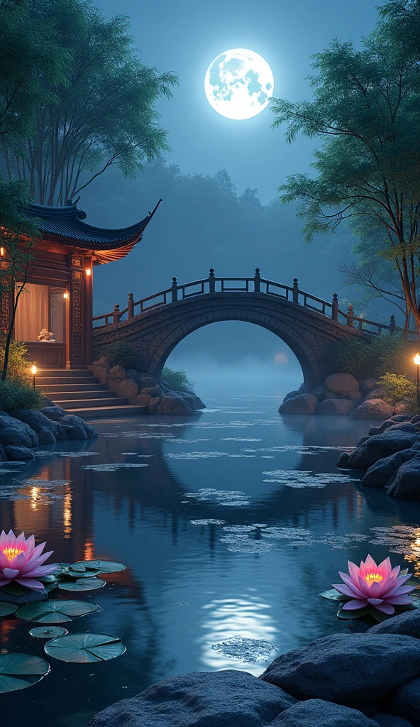 (Beautiful ancient Chinese architecture, Moonlight twinkle, Lake at night, The shade of the bamboo forest, Arch of the stone bridge, Gurgling Water, Stone pavement in rock garden, Blooming lotus, Hot Spring Water Vapor, Auspicious moonlight illustration: 1.0), A magnificent composition, Ultra-detailed and realistic, Highly realistic lighting, Best wallpaper quality, masterpiece. (Highly detailed CG Unity 8k wallpaper) --v6. 