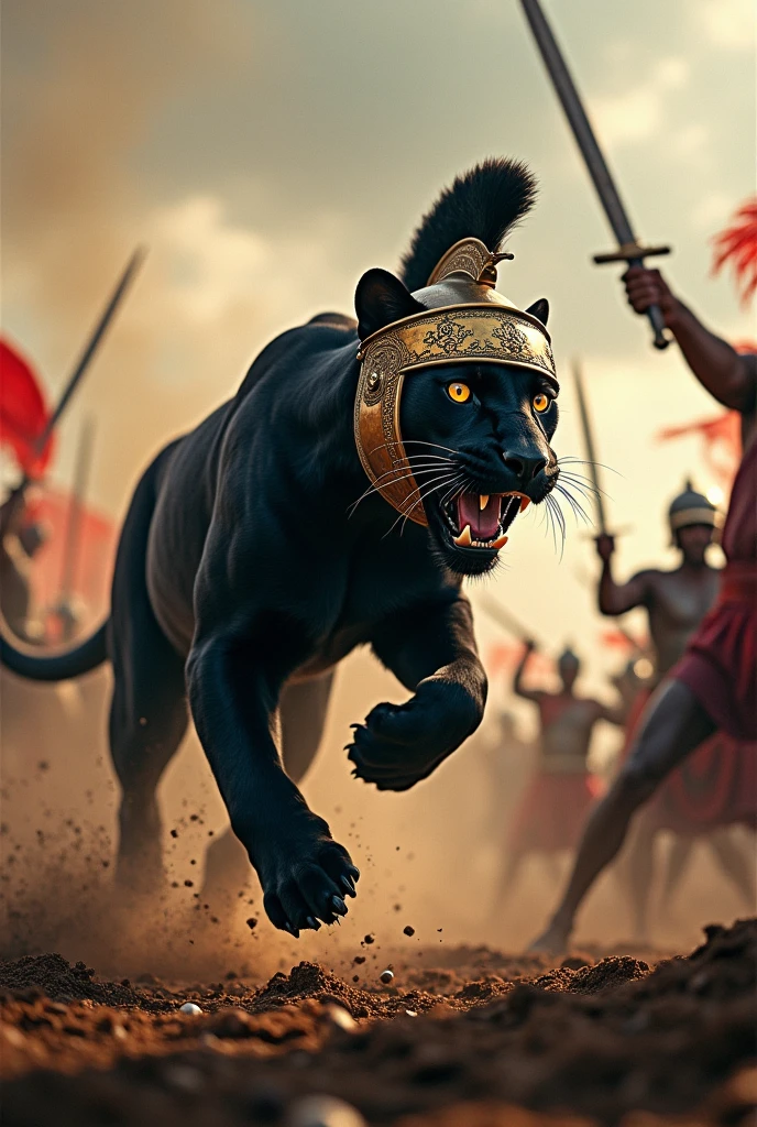 Military panther attacking with roman helmet in the background a war with men striking each other 
