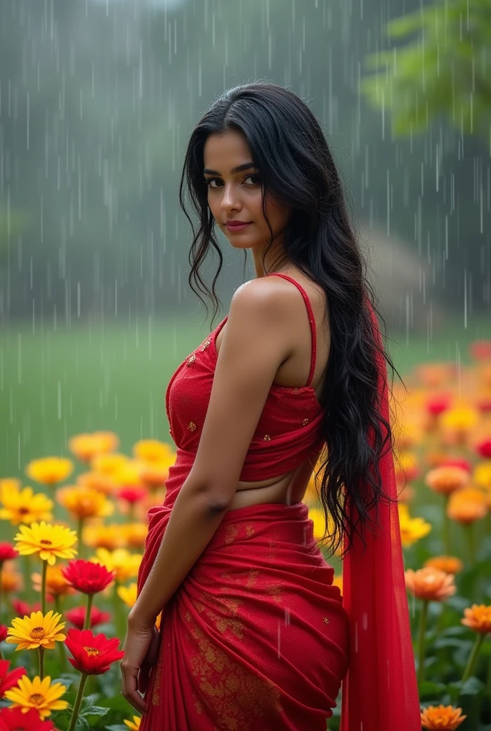 (photorealism:1.2), beautiful woman, standing in front of garden, the women is wet, wearing Saree , huge boobs , background is garden , weather is raining,