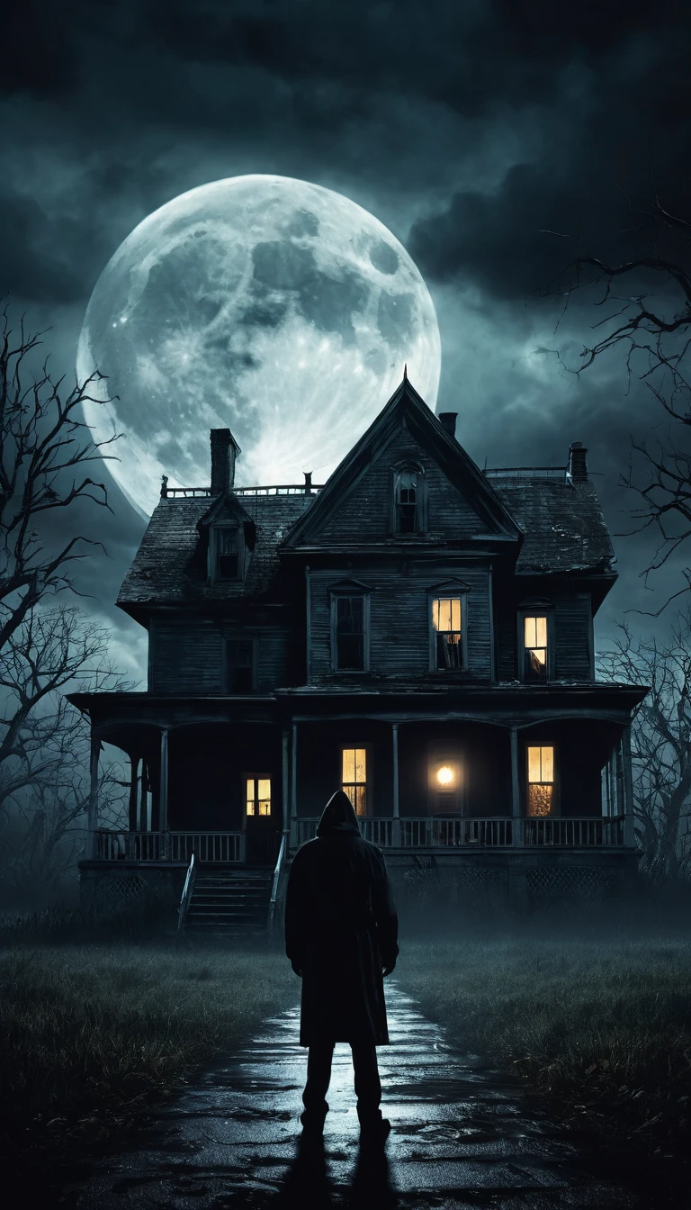 A dark, stormy night with a full moon, a haunted house in the background, and a lone figure standing in front of it, looking scared. Spooky, eerie atmosphere, digital art, concept art.