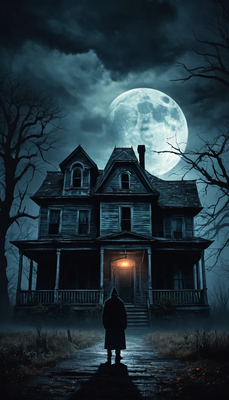 A dark, stormy night with a full moon, a haunted house in the background, and a lone figure standing in front of it, looking scared. Spooky, eerie atmosphere, digital art, concept art.