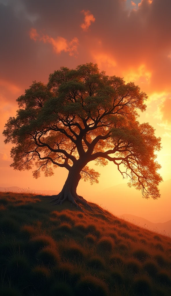 a dramatic old tree with falling leaves blowing in the wind, a hill and vast sky in the background, beautiful detailed leaves, dramatic lighting, cinematic, moody, atmospheric, highly detailed, realistic, photorealistic, 8k, award winning, masterpiece, professional, color palette of warm orange and red hues, dramatic shadows and highlights, volumetric lighting
