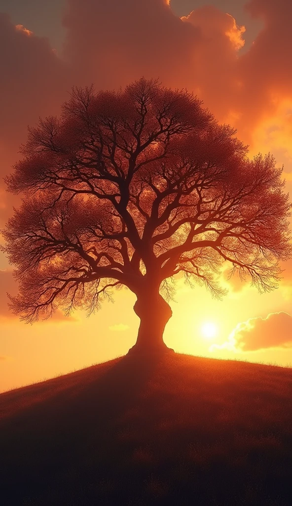 a dramatic old tree with falling leaves blowing in the wind, a hill and vast sky in the background, beautiful detailed leaves, dramatic lighting, cinematic, moody, atmospheric, highly detailed, realistic, photorealistic, 8k, award winning, masterpiece, professional, color palette of warm orange and red hues, dramatic shadows and highlights, volumetric lighting