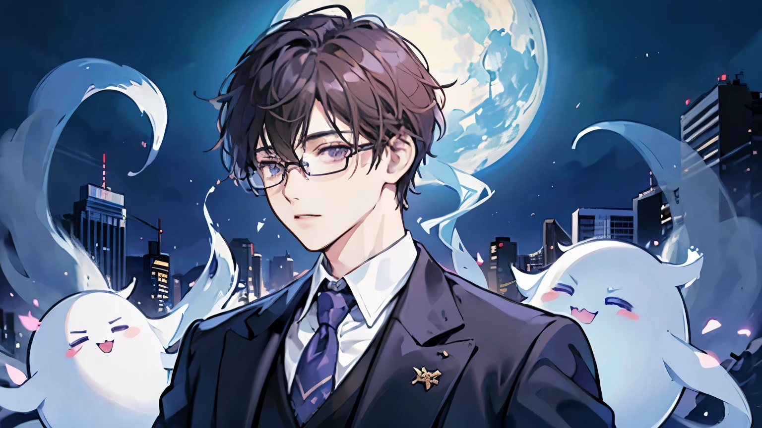 One Man、Rin々Shii、Dark Brown Hair、Short Hair、Purple Eyes、In a suit、Blue tie、The right eye is hidden by bangs、Glasses、ghost、ruins