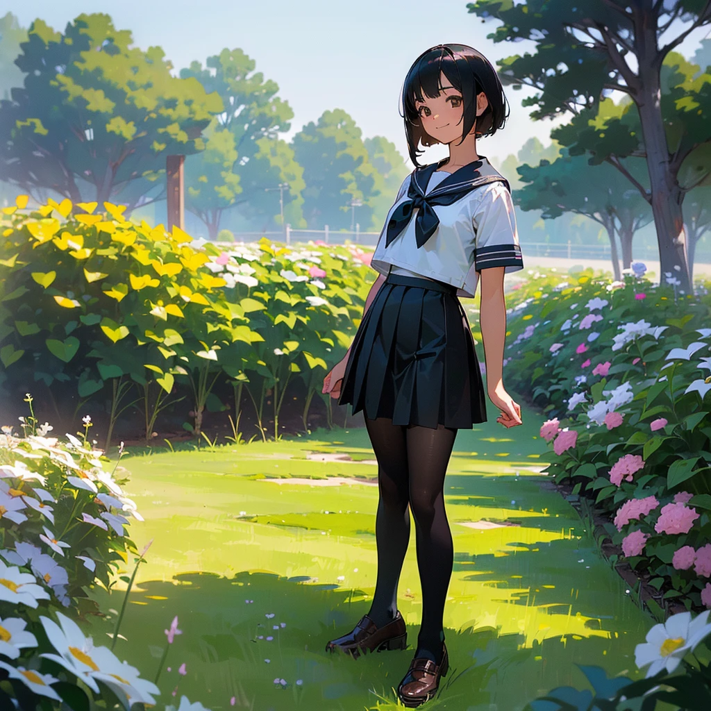 (Highest quality, High resolution, Very detailed, Realistic:1.37), Peaceful atmosphere, (Outdoor, garden), Teenage girl standing alone, Beautiful and detailed features, Cute Smile, ((Black bob hair)),Short-sleeved sailor uniform, Pleated skirt,Black tights,Brown leather shoes.