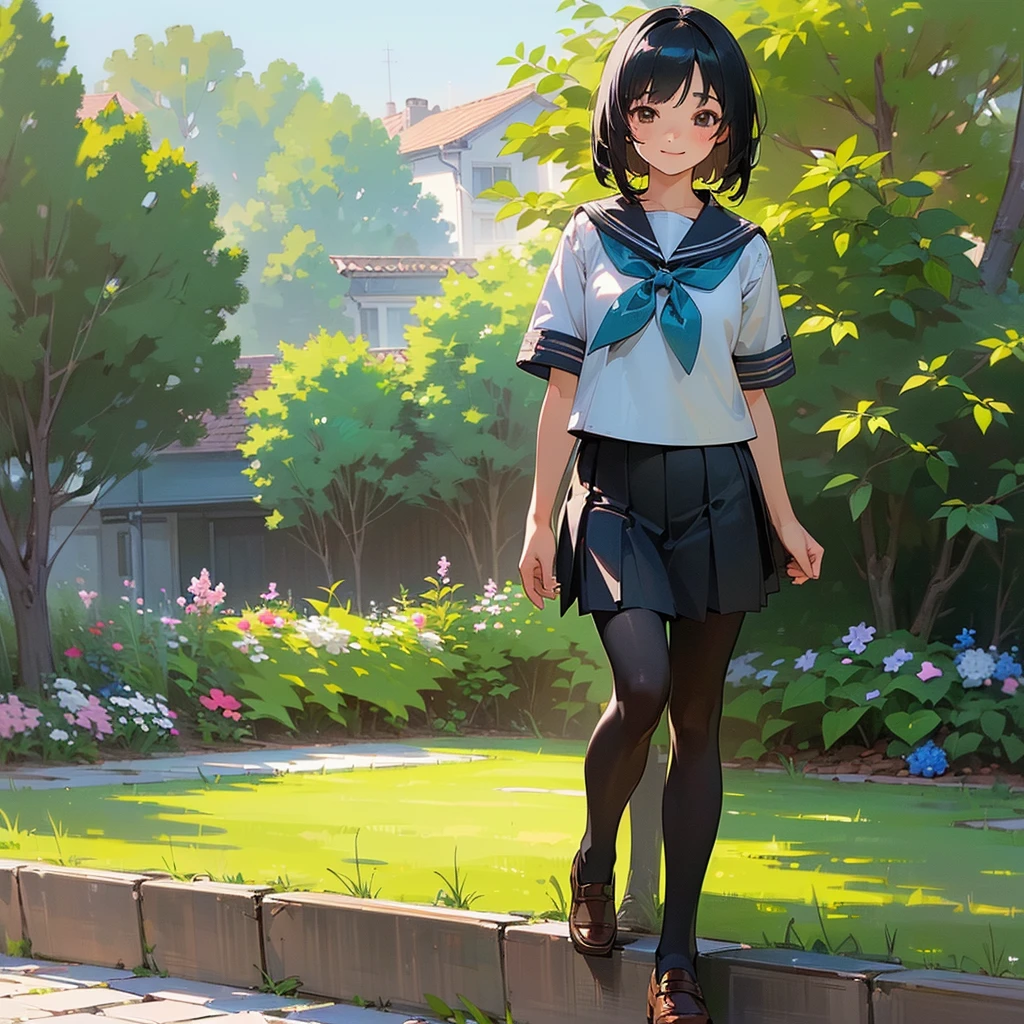 (Highest quality, High resolution, Very detailed, Realistic:1.37), Peaceful atmosphere, (Outdoor, garden), age girl standing alone, Beautiful and detailed features, Cute Smile, ((Black bob hair)),Short-sleeved sailor uniform, Pleated skirt,Black tights,Brown leather shoes.