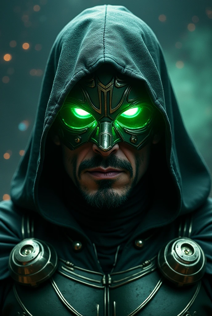 Generate a Robert Downey Jr. Doctor Doom looking straight ahead with green glow in his eyes in dark space