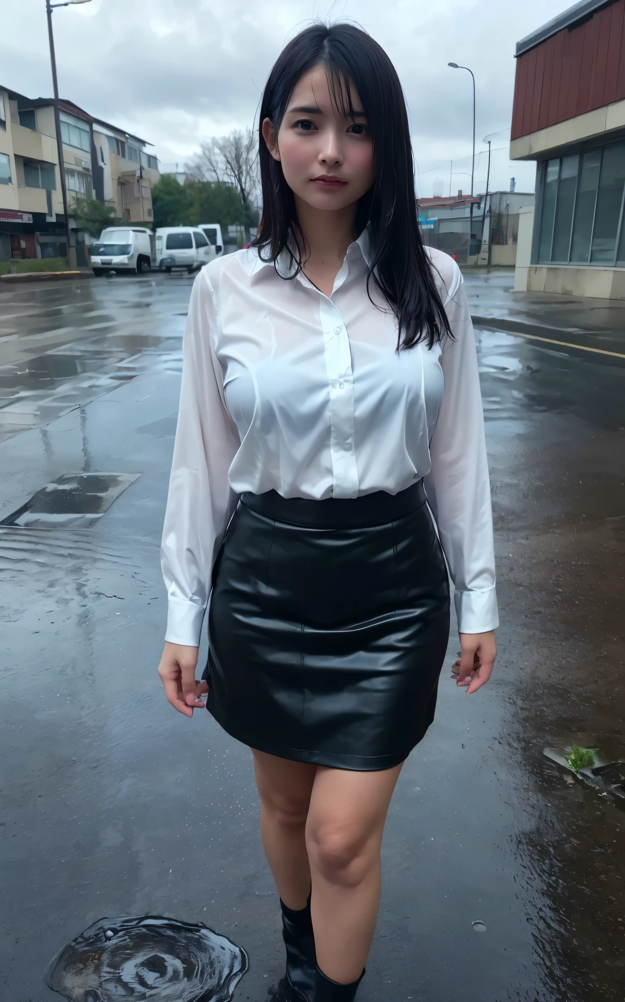 (masterpiece, Highest quality, One girl, Beautiful office lady, Very wet, soaked from heavy rain, Long black hair, Straight hair, White blouse, Dark Skirt, saggy big breasts:0.3, big hip, big thigh:0.4, Serious expression, Street Background, Detailed Scene, Reflective Puddle, Dark Clouds, heavy rain, realistic rain effect)