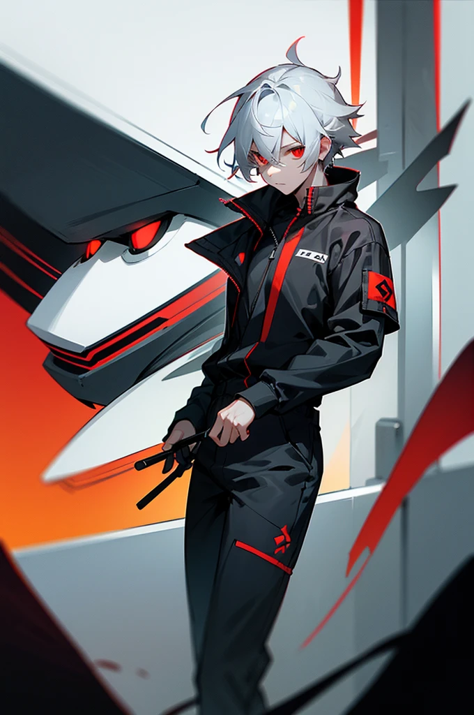 male,  adult, White Hair, Red eyes, Black and gray jumpsuit, SOS Logo, Night vision goggles, Perfect quality.