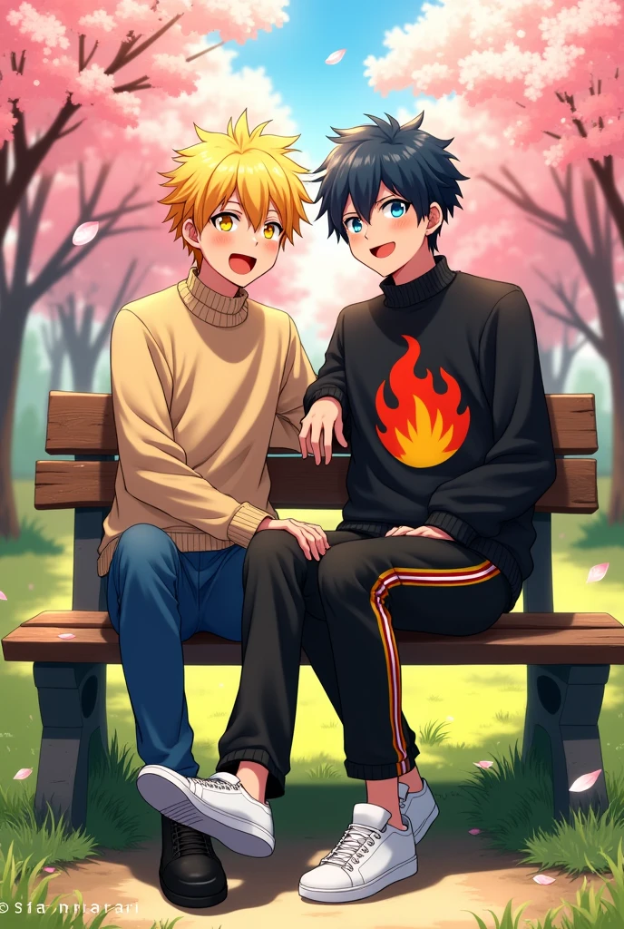 A yellow-haired anime boy with yellow eyes wearing a creeper sweater, blue pants, and black shoes is chatting on a bench with another anime boy who has blue eyes. The second boy is wearing a black sweater with a red, orange, and yellow fire logo and rainbow stripes on the sides. He is also wearing black pants with white stripes on the sides and white shoes.