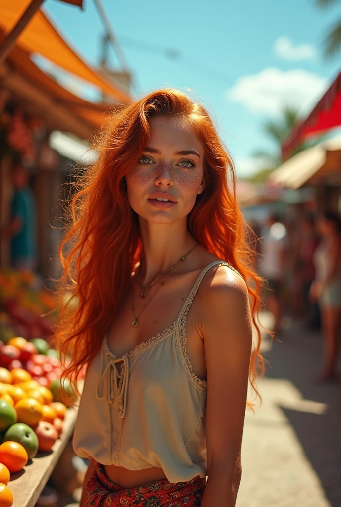 Young red-haired boy with emerald green eyes, long hair, feminine face with small scars, skin tanned. Around 25 years old